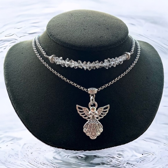 Genuine herkimer diamonds crystal double layer stainless steel angel necklace - Picture 2 of 13